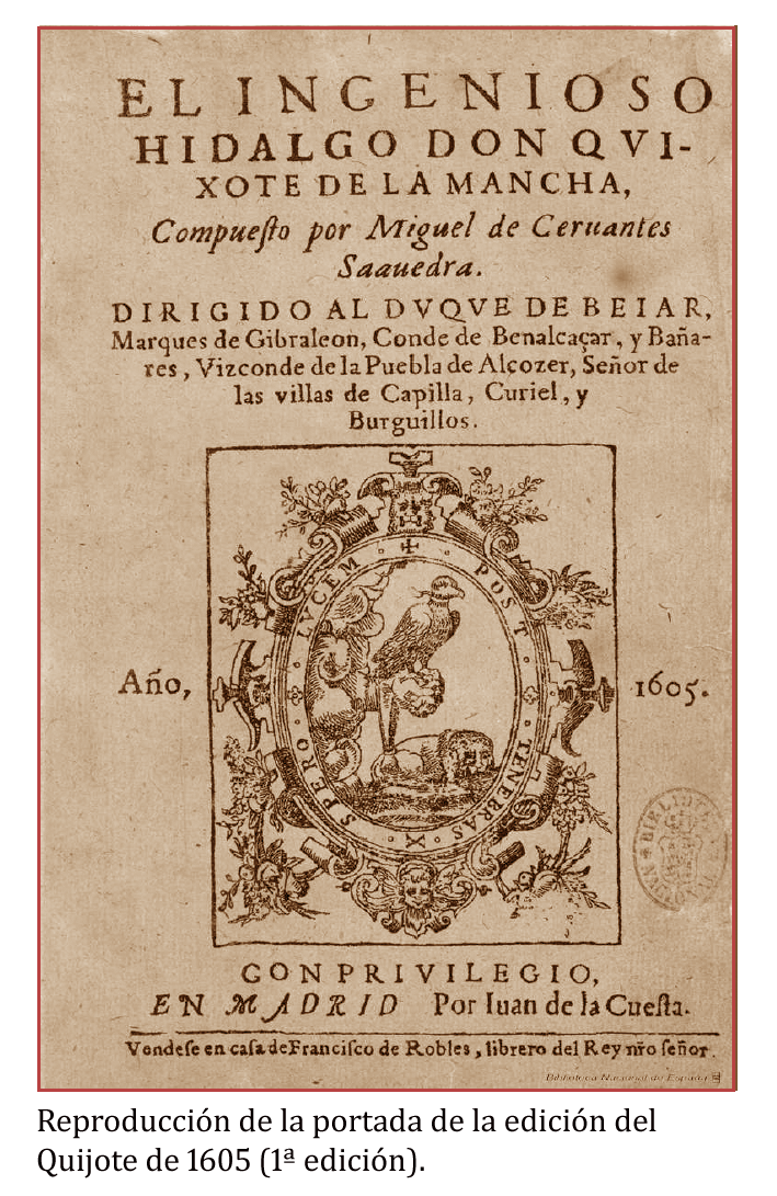 Reproducción de la portada de la edición del Quijote de 1605 (1ª edición).