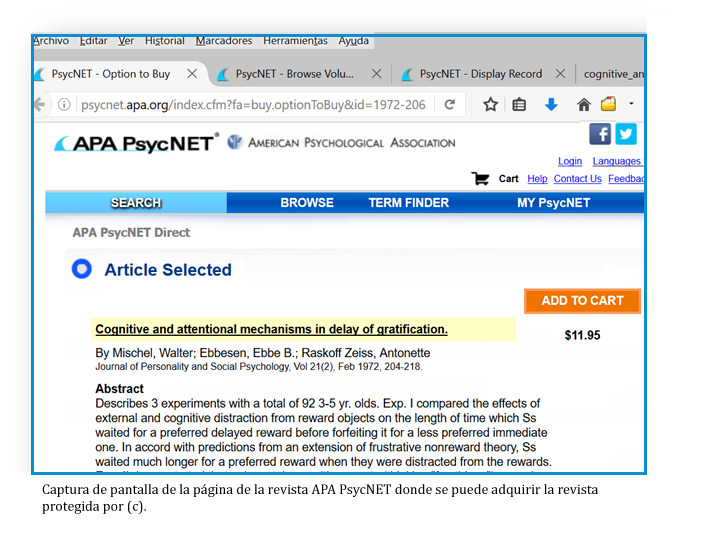 captura de pantalla página de la revista APA PsycNet donde se ve que la revista que ha subido el profesor a su web íntegra se vende por casi 12 dólares y está protegida por derechos de copia.