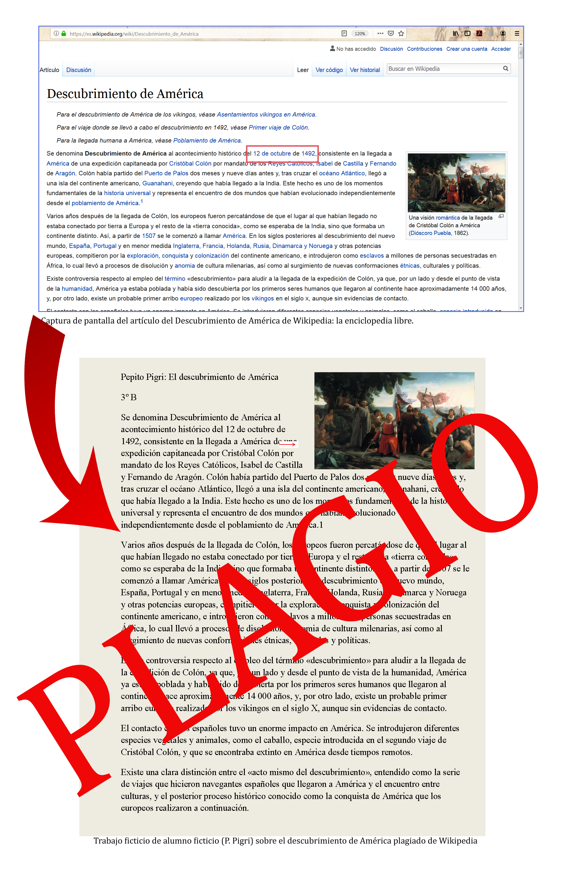 el artículo de Wikipedia sobre el descubirimiento de América ha sido plagiado por un estudiante (ficticio)