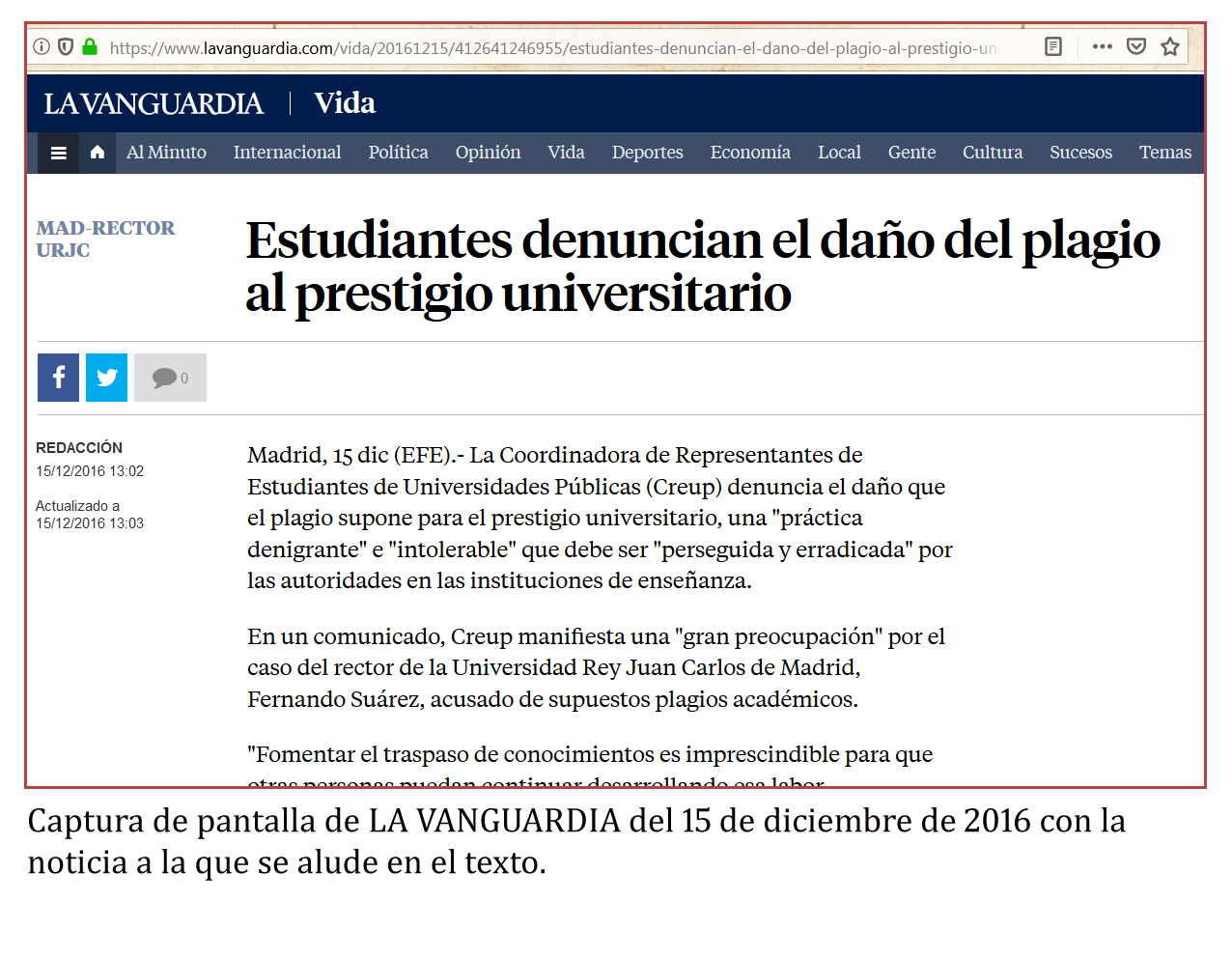 noticia en la Vanguardia con las declaraciones de los estudiantes