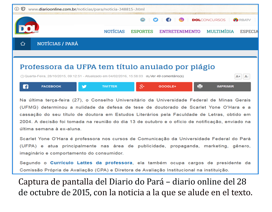 noticia de la anulación del título de doctora en Brasil por una tesis plagiada