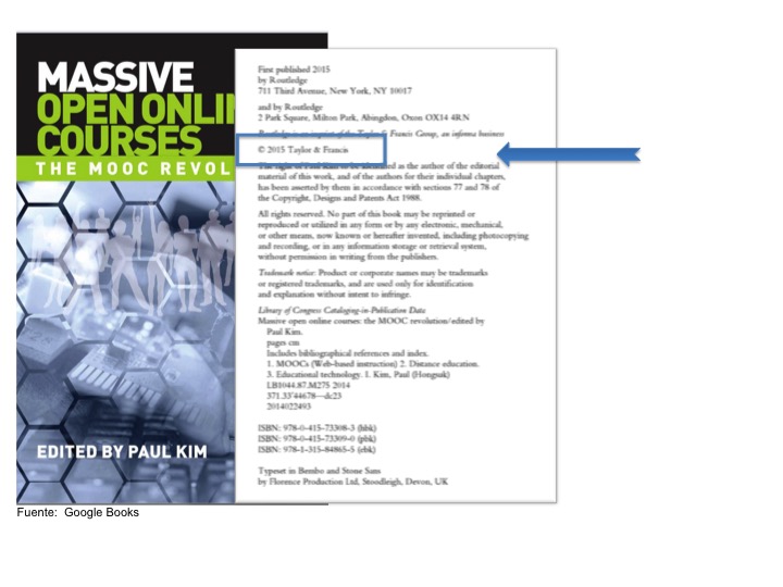 Reproducción de la cubierta y la hoja de datos del libro titulado "Massive Open Online Courses", al que se accede parcialmente por medio de GoogleBooks, donde se ve que el libro tiene copyright
