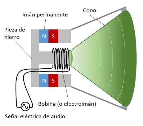 Esquema de un altavoz. Un electroimán se alimenta con la corriente que transmite la señal de audio. La fuerza magnética sobre dicha corriente creada por un imán permanente es proporcional a esa intensidad y hace que se mueva y transmita es movimiento a la membrana que crea la onda acústica 