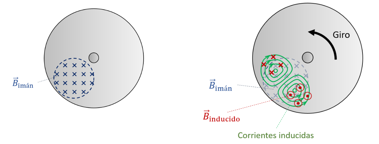 Se ve como en la zona de un disco conductor donde el flujo de campo magnético varía, se crean corrientes inducidas que crean un campo magnético que se opone al que crea el flujo